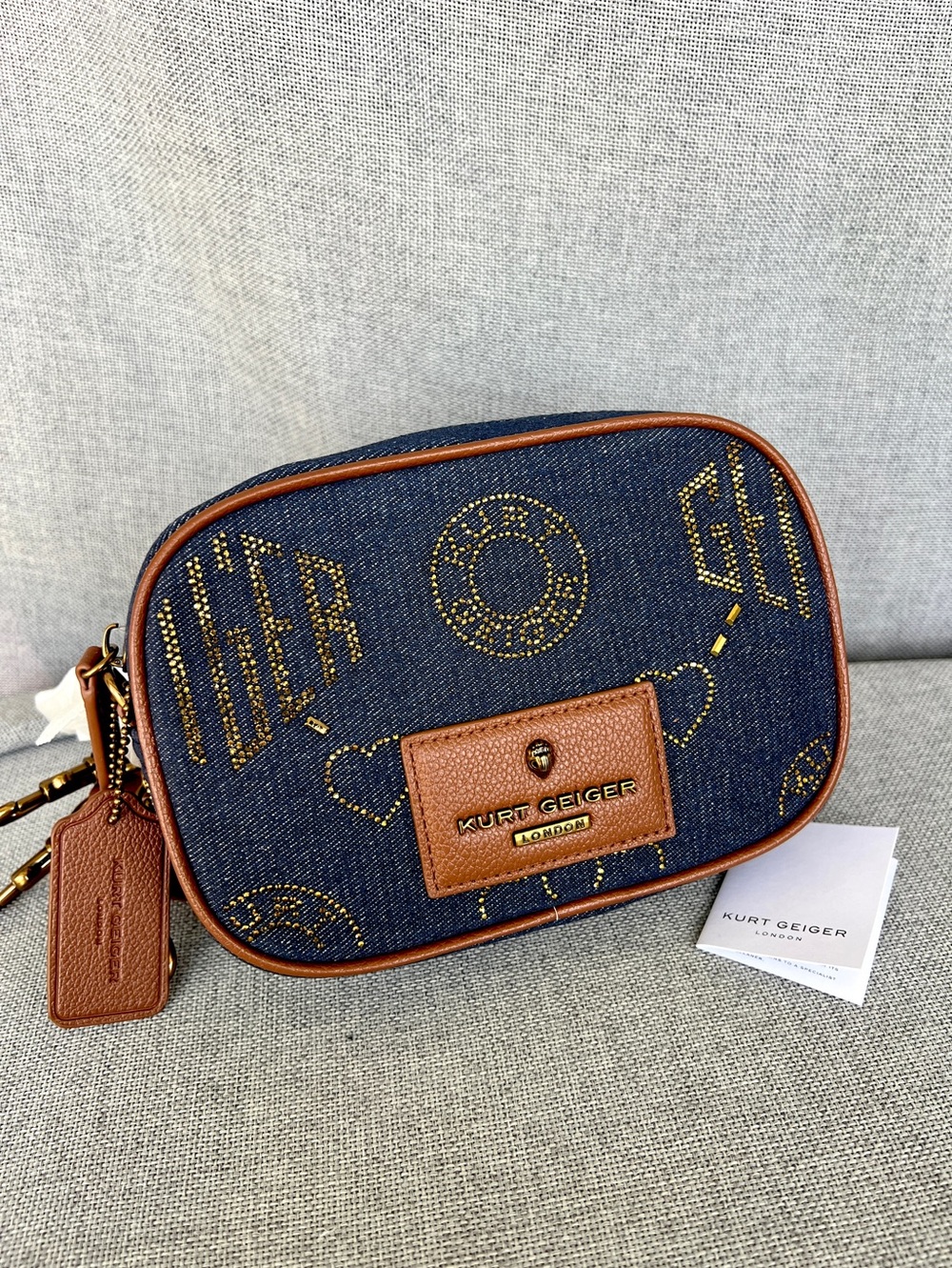 Kurt Geiger Chiswick Camera Denim Crystal Logo chain wide strap dark blue wash